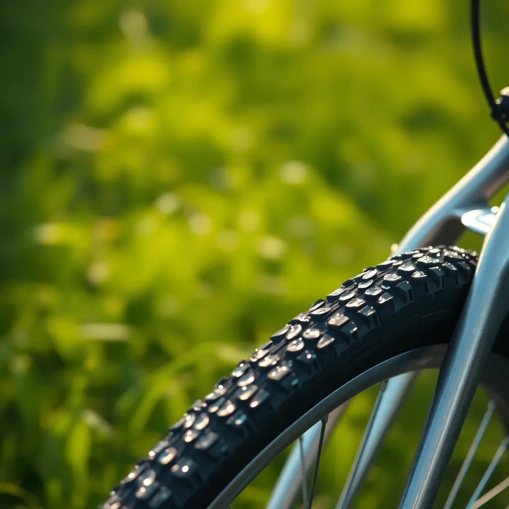 Close-Up of Bicycle Tire with Dew Drop