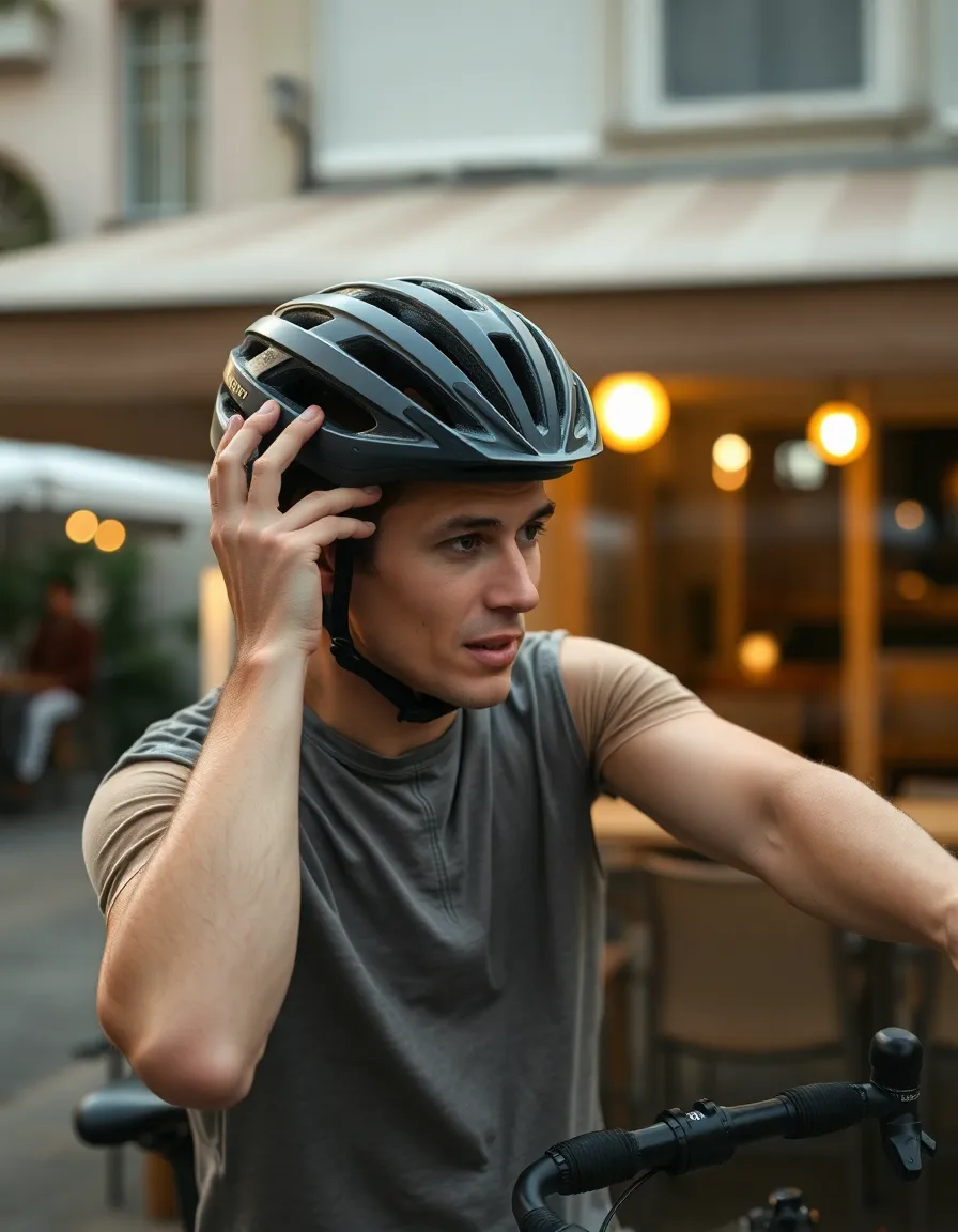 Cyclist Preparing Outside a Café