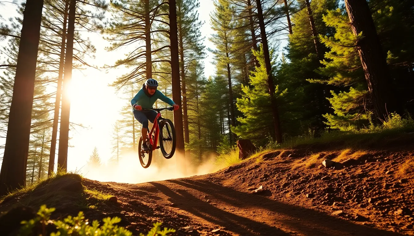 Mountain Biker in Action on Rugged Trail This thrilling image captures a mountain biker mid-air as they navigate a jump on a rugged trail surrounded by tall pine trees. Strong sunlight filters through the canopy, casting sharp shadows and illuminating dust particles in the air. The vibrant greens and earthy browns of the landscape create a lively color palette, enhancing the wild outdoor atmosphere. The dynamic composition draws the viewer’s eye to the exhilarating moment of extreme sport.