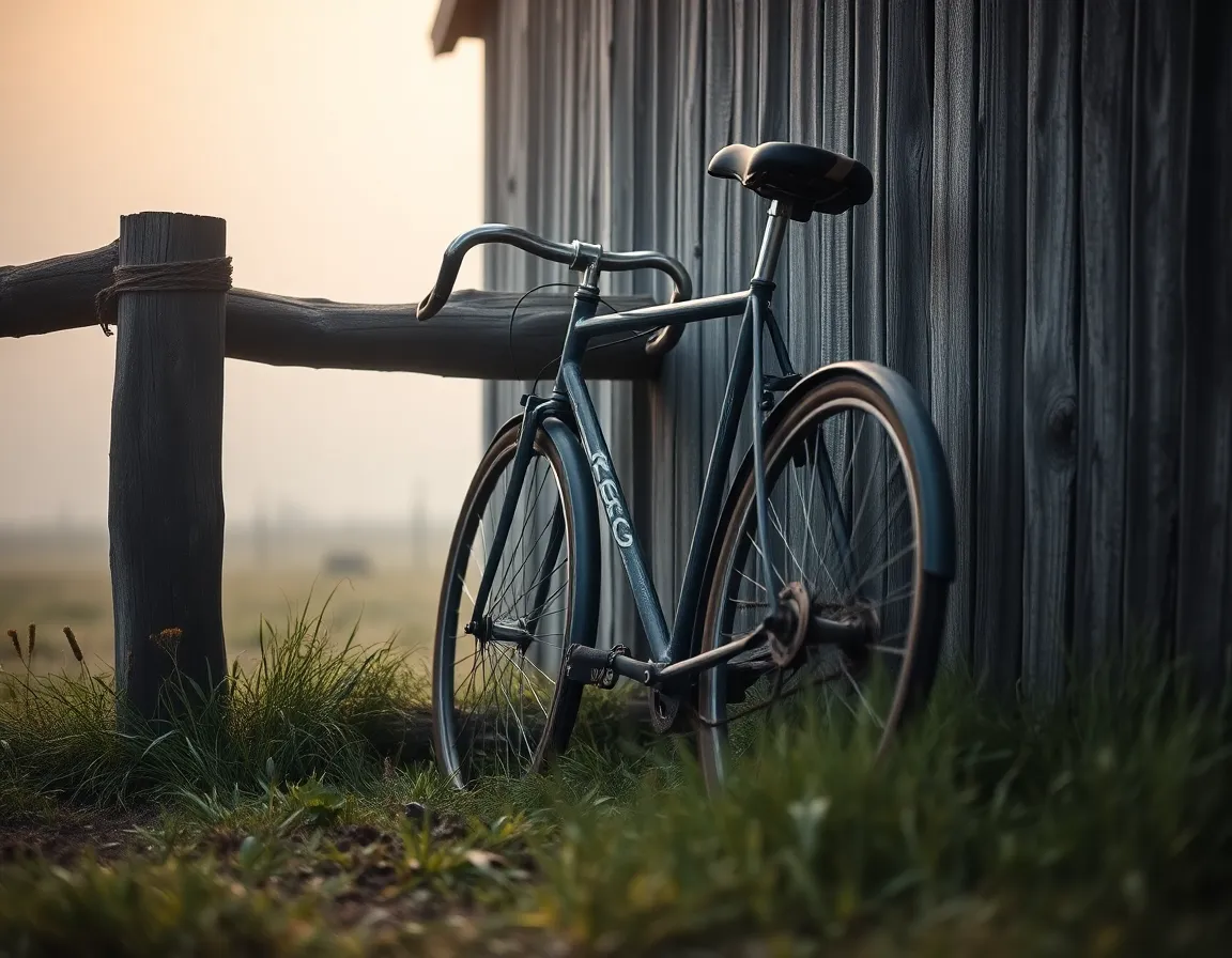 Antique Bicycle in a Misty Rustic Setting This serene image depicts an antique bicycle resting against a weathered wooden fence on a misty morning. The ambient light casts a soft glow, enhancing the nostalgic and tranquil mood. Each detail, from the bicycle’s rust to the dew-drenched grass, is sharply in focus, creating a rich texture. The muted earth tones harmonize beautifully with the surrounding mist, inviting viewers to reflect on a simpler time.