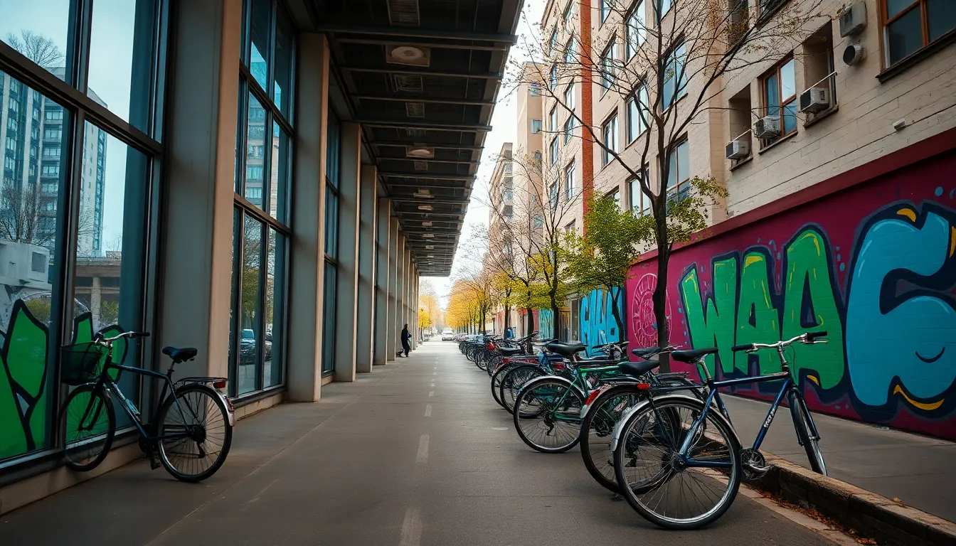 Bicycles Parked by a Colorful Mural A vibrant city street is alive with bicycles parked against an eye-catching mural, creating a lively scene filled with color. Overcast daylight bathes the setting in soft, diffused light, allowing for rich saturation in the mural's hues. The leading lines of the street draw the viewer's eye through the composition, showcasing both the bicycles and the art beautifully.
