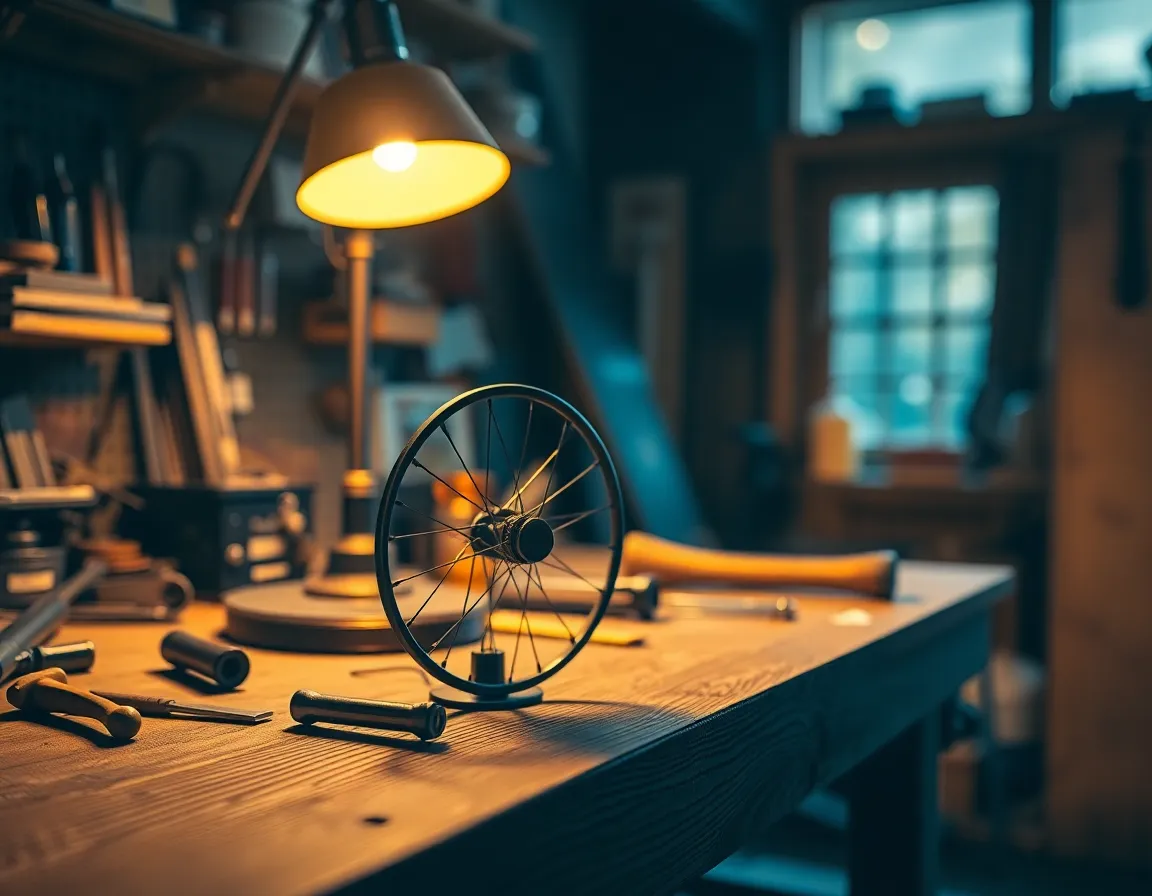 Antique Bicycle Part in Workshop This intimate image showcases an antique bicycle part surrounded by tools in a cozy workshop. The warm tungsten lighting creates a directional pool of light that enhances the rich textures of the wood and metal. Selective focus on the bicycle part draws attention to its intricate details, while the vibrant colors reminiscent of Fujifilm Velvia add depth. The composition, framed by surrounding tools, invites the viewer into the creative workspace.