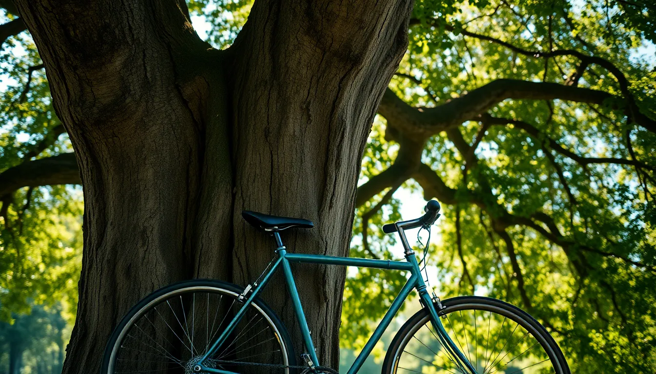 Bicycle Leaning Against Oak Tree in Nature