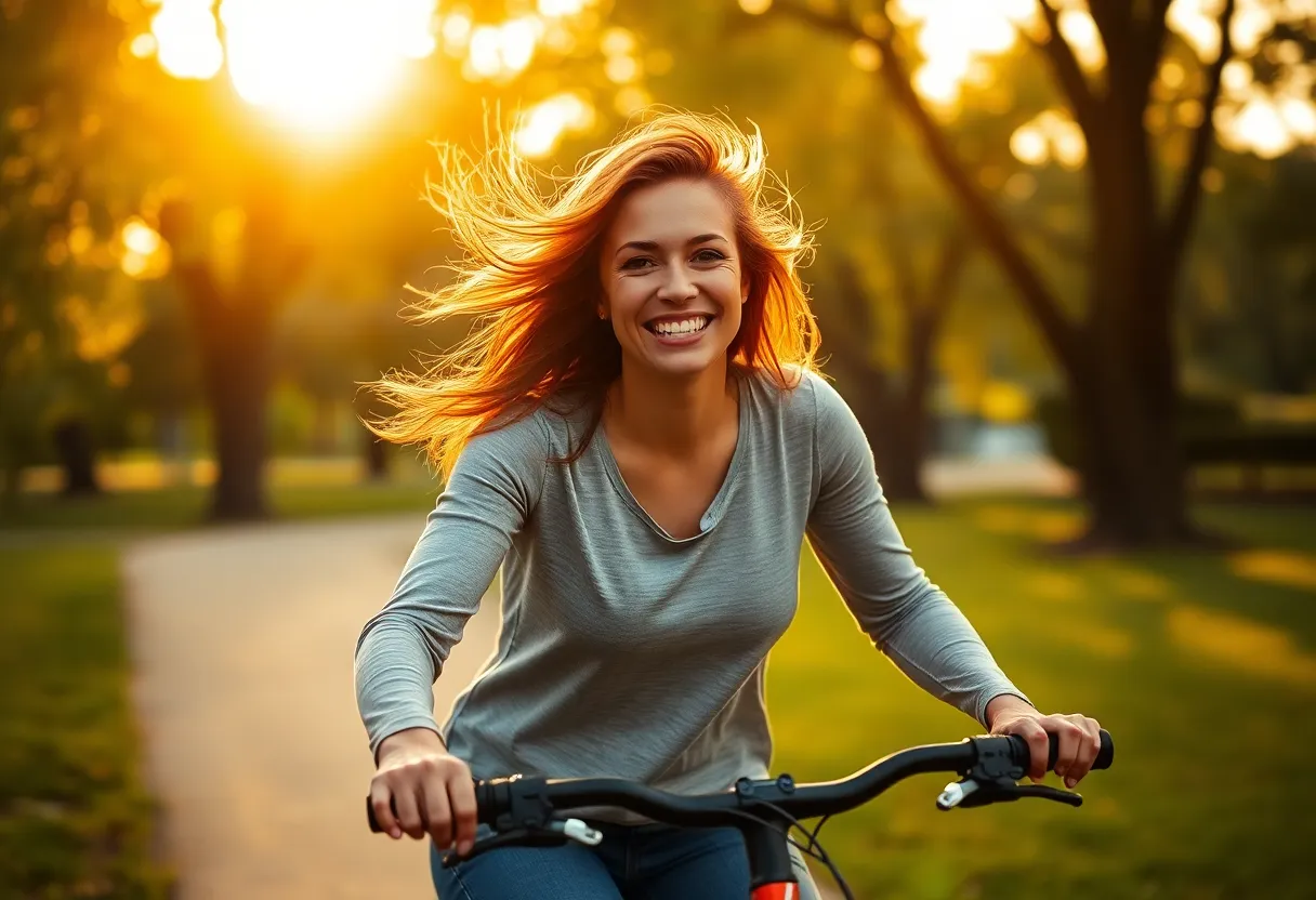 Joyful Cyclist in a Sun-Drenched Park In this captivating image, a woman joyfully rides her bicycle through a sun-drenched park during golden hour. The warm rim light accentuates her hair as she enjoys the refreshing breeze. With a shallow depth of field, the focus remains on her vibrant expression while the surrounding trees create a soft, dreamy background. The warm color tones of sunset enhance the overall joyful atmosphere, inviting the viewer to experience the bliss of cycling in nature.