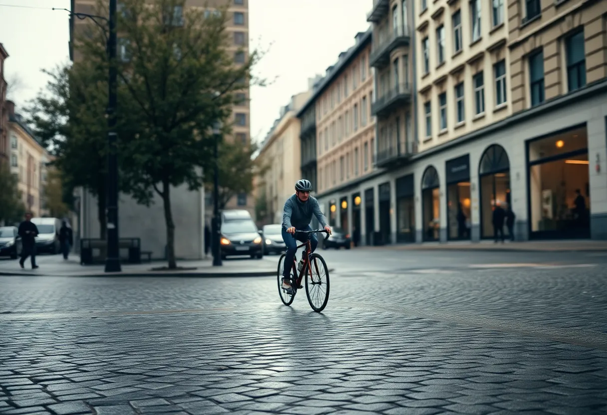 Cyclist Navigating Urban Streets This dynamic image depicts a cyclist maneuvering through wet urban streets. Captured on a cloudy day, the overcast lighting creates a soft, even illumination across the scene. The cyclist is positioned according to the rule of thirds, drawing the viewer's eye through the textured cobblestones that glisten from recent rain. The muted earth tones enhance the gritty yet stylish mood of the city, while the sharp focus throughout invites closer inspection.
