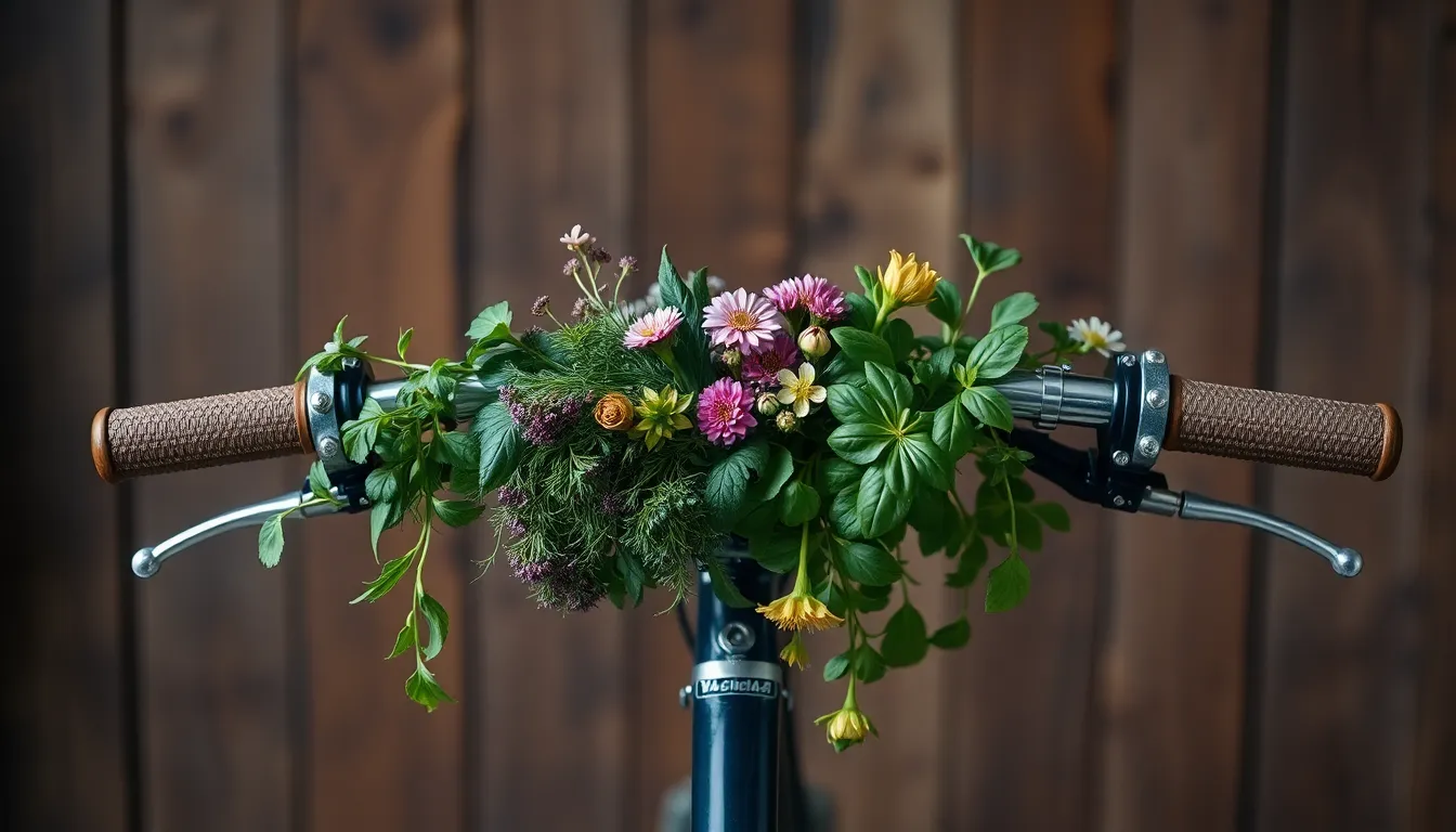 Bicycle Handlebars Decorated with Fresh Herbs