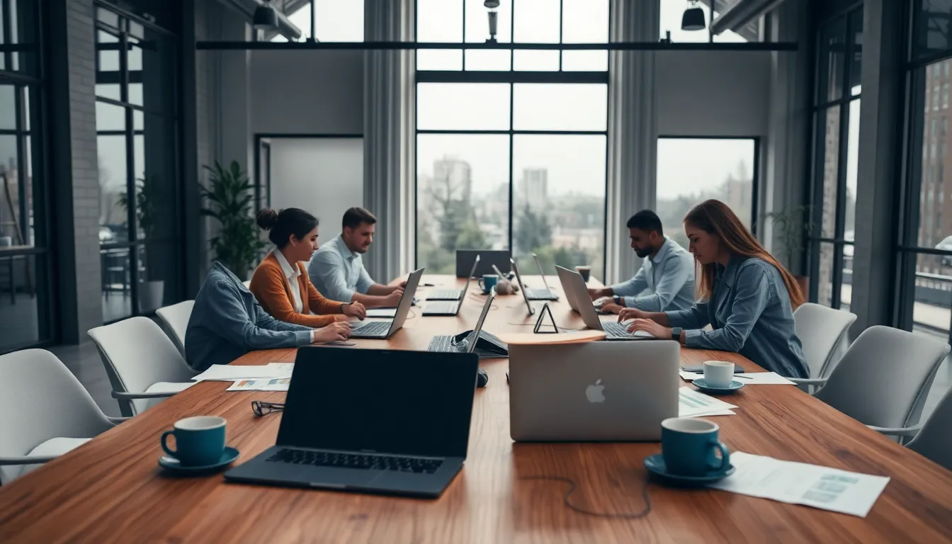 Collaborative Data Analysis in Modern Office This photorealistic image illustrates a collaborative work environment within a contemporary office, showcasing a diverse team of data analysts. Soft, diffused daylight creates a calm atmosphere, allowing the focus to remain on the group engaged in deep discussion. The harmonious color palette and textured surfaces add warmth to the professional setting, highlighting the importance of teamwork in big data analysis.