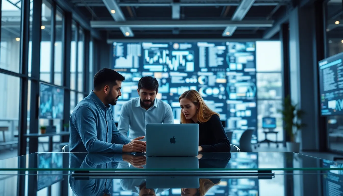 Data Analysts in Modern Office Environment This image showcases a bright and inviting modern office space where data analysts collaborate over high-tech screens filled with complex visualizations. The diffused daylight creates a soft and professional mood, enhancing the cool color palette of blues and grays. The shallow depth of field emphasizes the focused expressions of the analysts while gently blurring the background, creating an engaging and dynamic composition.