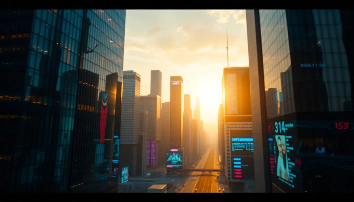 A stunning view of a futuristic city at golden hour, where towering glass skyscrapers are illuminated by vibrant LED displays. Digital data streams flow through the scene, creating a sense of movement and technological advancement. The warm color palette and reflections enhance the compelling atmosphere, making the image visually striking. The composition effectively uses leading lines, inviting the viewer into this high-tech urban environment.