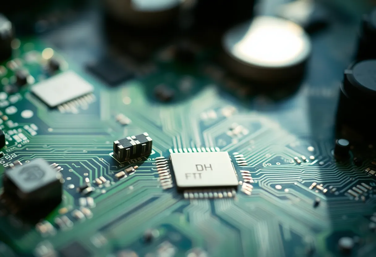 This macro photograph showcases the intricate details of a circuit board, highlighting the complexity and artistry of technology. Delicate patterns and textures emerge under soft daylight, with a focus on a specific component that draws the viewer in. Muted colors create a harmonious scene that speaks to the balance between technology and nature. The leading lines within the circuits guide the eye through the composition, revealing the beauty in Big Data technology.