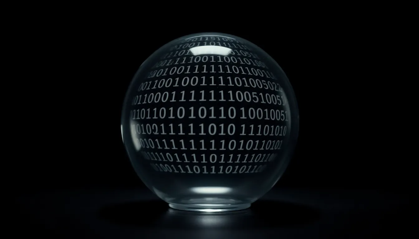 Glass Orb Representing Big Data A striking image of a glass orb filled with binary code, symbolizing big data. The studio lighting enhances the orb's features, creating a captivating contrast with the dark environment. The subtle reflections and textures of the glass add richness to the composition, while the muted color palette lends sophistication. This intriguing visual encapsulates the complexity and beauty of data in today’s digital age, making it suitable for tech-related themes.