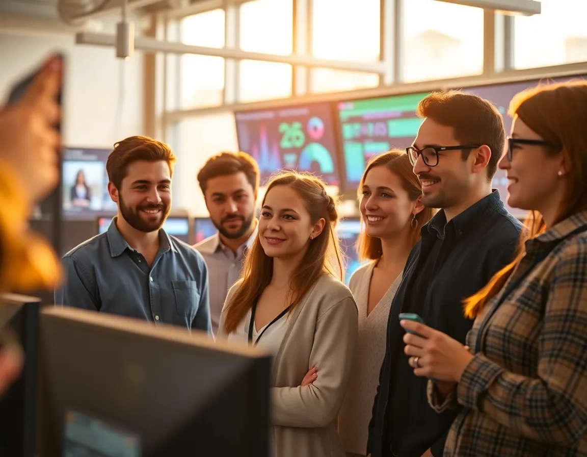 Team of Data Scientists Collaborating A vibrant and engaging scene of diverse data scientists collaborating in a modern workspace filled with interactive technology. The golden hour backlighting bathes the room in warm light, enhancing the creative atmosphere. Each team member’s expression conveys focus and enthusiasm, with a soft bokeh blurring the background interactions. Earthy tones combined with bright interface colors create a welcoming and high-tech environment, encapsulating the collaborative spirit essential for harnessing the power of big data.