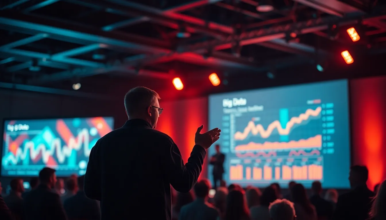 At a bustling tech conference, a dynamic presenter captivates the audience with a compelling data visualization projected on a large screen. Dramatic stage lighting accentuates the presenter's expressive gestures, creating a vibrant atmosphere. The audience's soft focus highlights their engagement, reflecting the importance of big data in the modern world. The cinematic color grading adds energy to the scene, making it visually exciting and impactful.