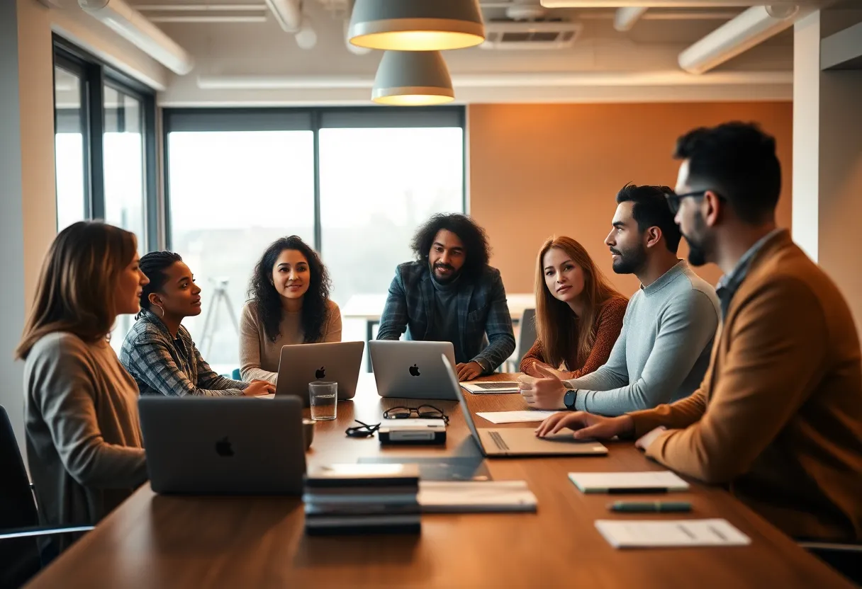 A diverse team of professionals engages in a lively meeting focused on big data strategies within a modern office setting. Natural daylight streams through large windows, complemented by warm overhead lighting, creating a welcoming environment. The shallow depth of field highlights the team members’ expressions and interactions, with a beautifully textured wooden table scattered with laptops and notes. This image captures the essence of collaboration and innovation in the field of big data.