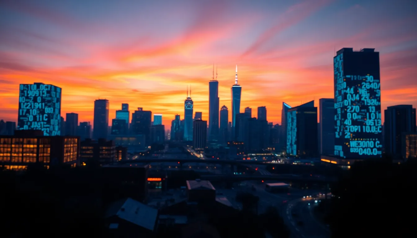 Futuristic City Skyline with Data Projections A stunning view of a futuristic city skyline at sunset, where vibrant data projections illuminate the architectural marvels. The dramatic sunset creates a contrast of warm oranges and purples against the cool blues of the digital visuals. The composition employs leading lines that draw the eye across the panoramic view, while a shallow depth of field allows the foreground to softly blur. This image embodies the intersection of technology and urban landscapes, showcasing how big data integrates into the fabric of modern cities.