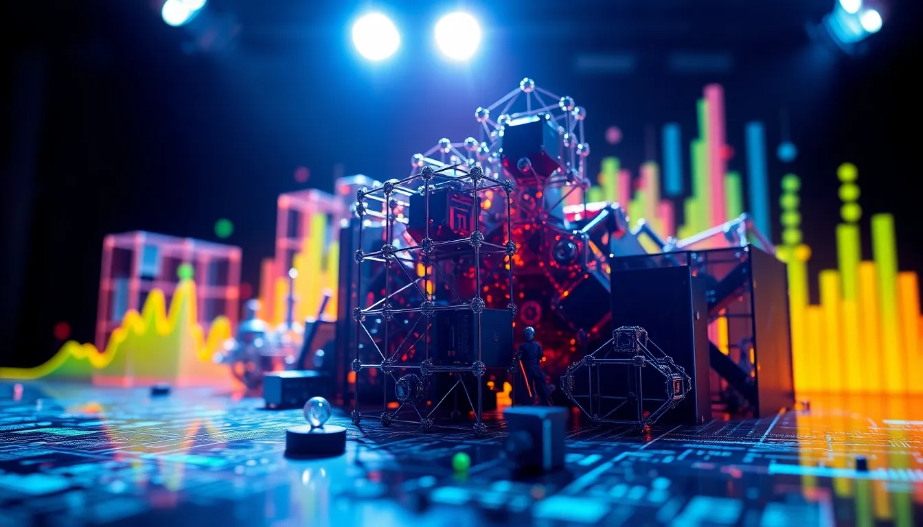 This striking image reveals an abstract interpretation of big data visualization through complex 3D shapes and digital graphs. Vivid colors pop against the dark background, emphasizing the intricate details of the data visualization. Dramatic studio lighting adds depth and dimension, creating a captivating visual experience. This artwork represents the dynamic nature of big data and its impact on technology.