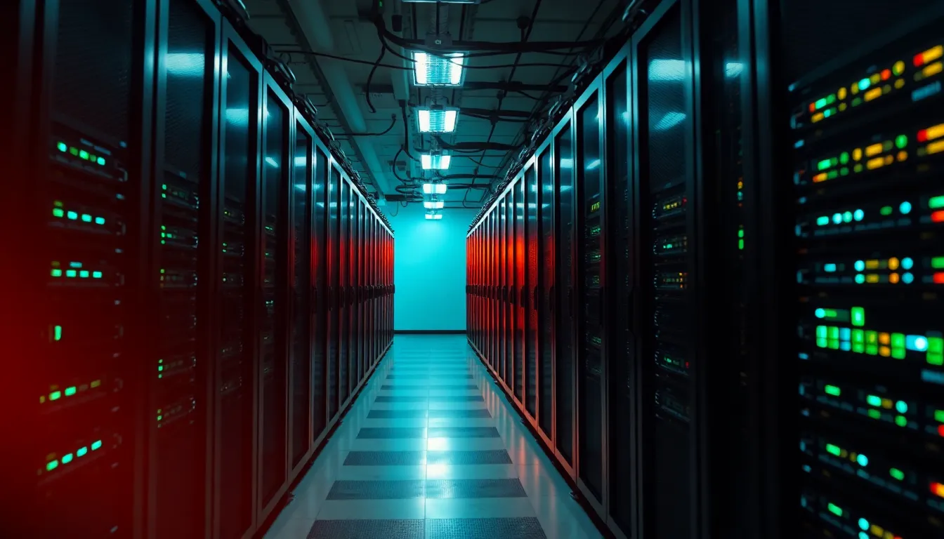 High-Tech Server Room at Sunset This captivating image showcases a high-tech server room bathed in warm golden light during the sunset hour. The intricate details of servers and cables come to life with sharp focus, highlighting the complexity of big data infrastructure. The cinematic color grading creates a striking contrast between the warm and cool tones, drawing the viewer into the technological heart of data processing.