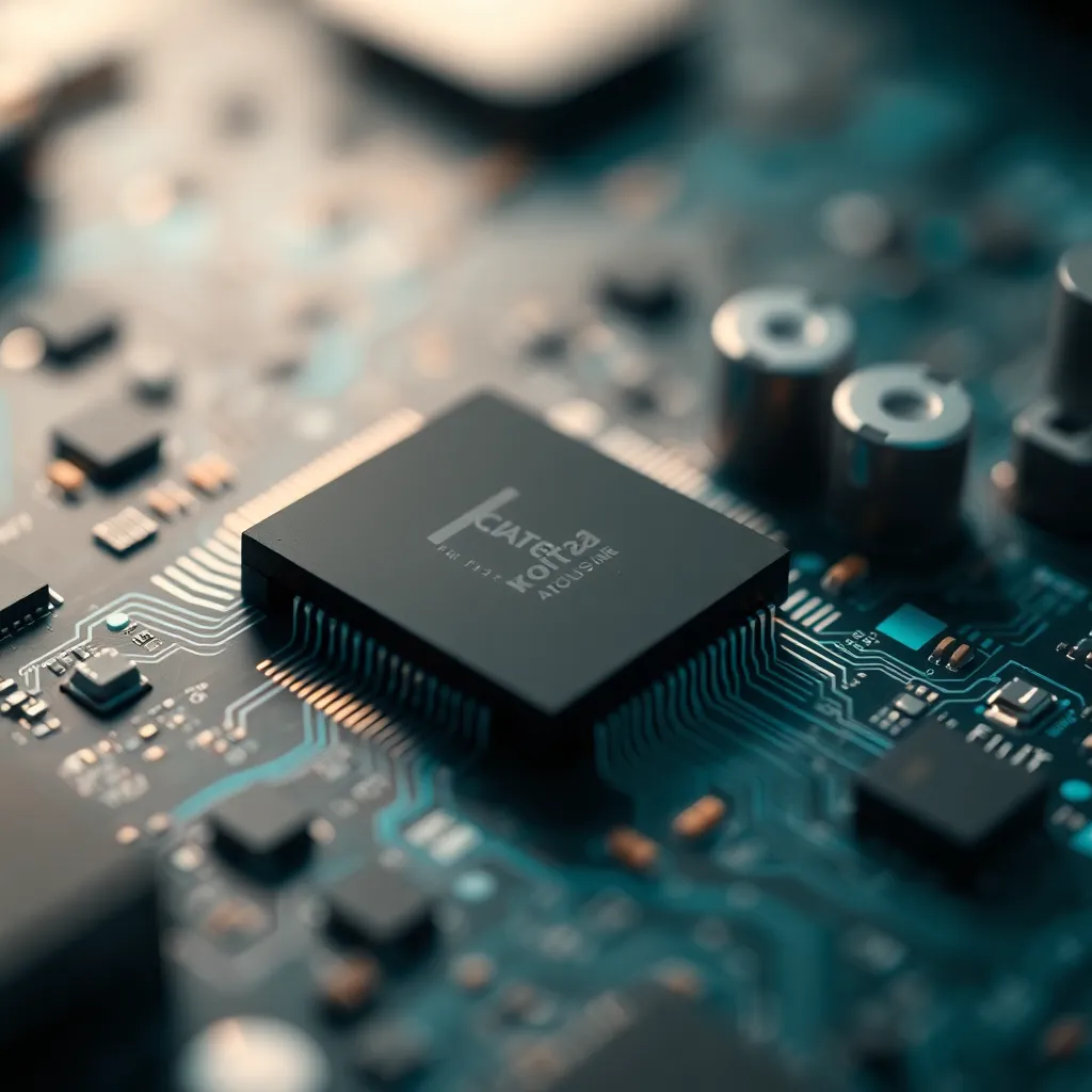 An extreme close-up of a computer circuit board reveals intricate textures and details that signify the convergence of technology and big data. Soft studio lighting accentuates the contours of the silicon components, creating a sophisticated atmosphere. The shallow focus creates a dreamlike quality, pulling attention to the heart of data analytics technology. The muted teal tones enhance the overall aesthetic, making the scene visually striking and engaging.