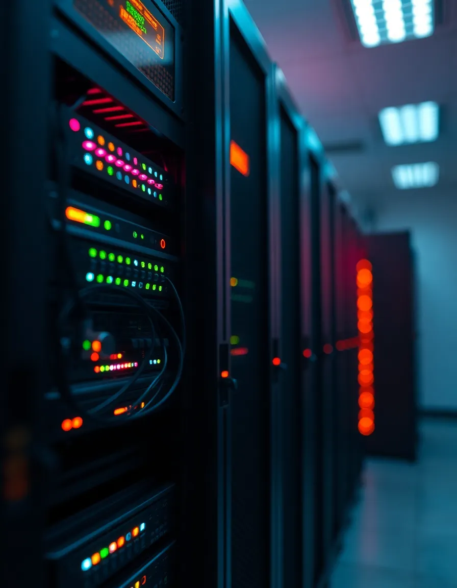 Close-Up of Server Cluster with Data Indicators