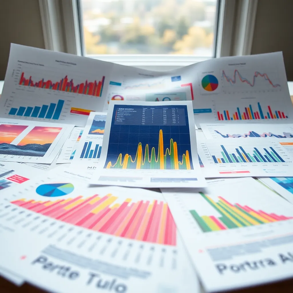 This image captures an artistic collection of colorful data visualizations printed on various textures of paper. Rainy overcast light creates a soft, inviting mood while enhancing the rich warm tones of the visualizations, inviting viewers to focus on the intricate designs. The careful overlap and layering of the graphics create a sense of depth, celebrating the artistic nature of data representation. This close-up shot emphasizes the importance of physical media in a digital world.