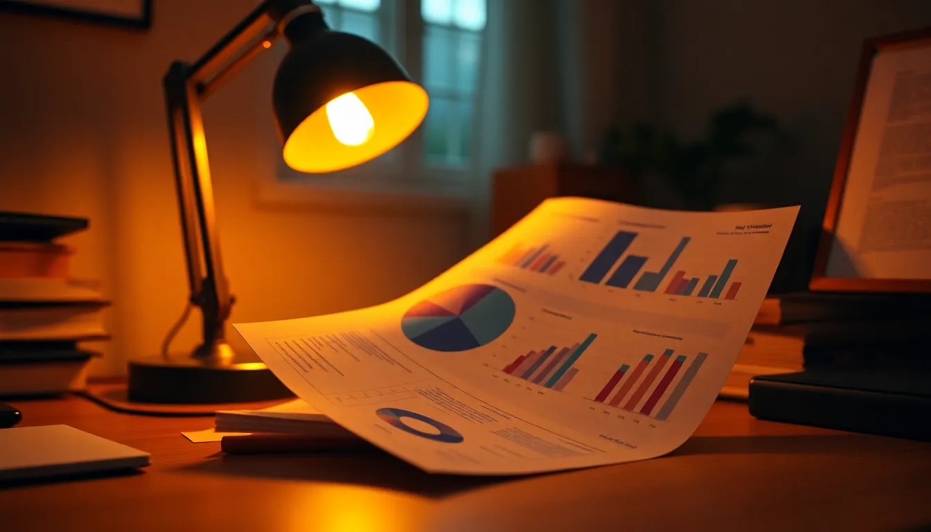 Close-Up of Data Visualization Report This intimate close-up showcases a data visualization report resting on a desk illuminated by warm, inviting light. The intricate graphs and carefully printed charts convey the complexity of big data analysis. The warm color palette adds depth and richness to the image, while the shallow focus draws the viewer's eye directly to the details, highlighting the art and science behind data presentation.