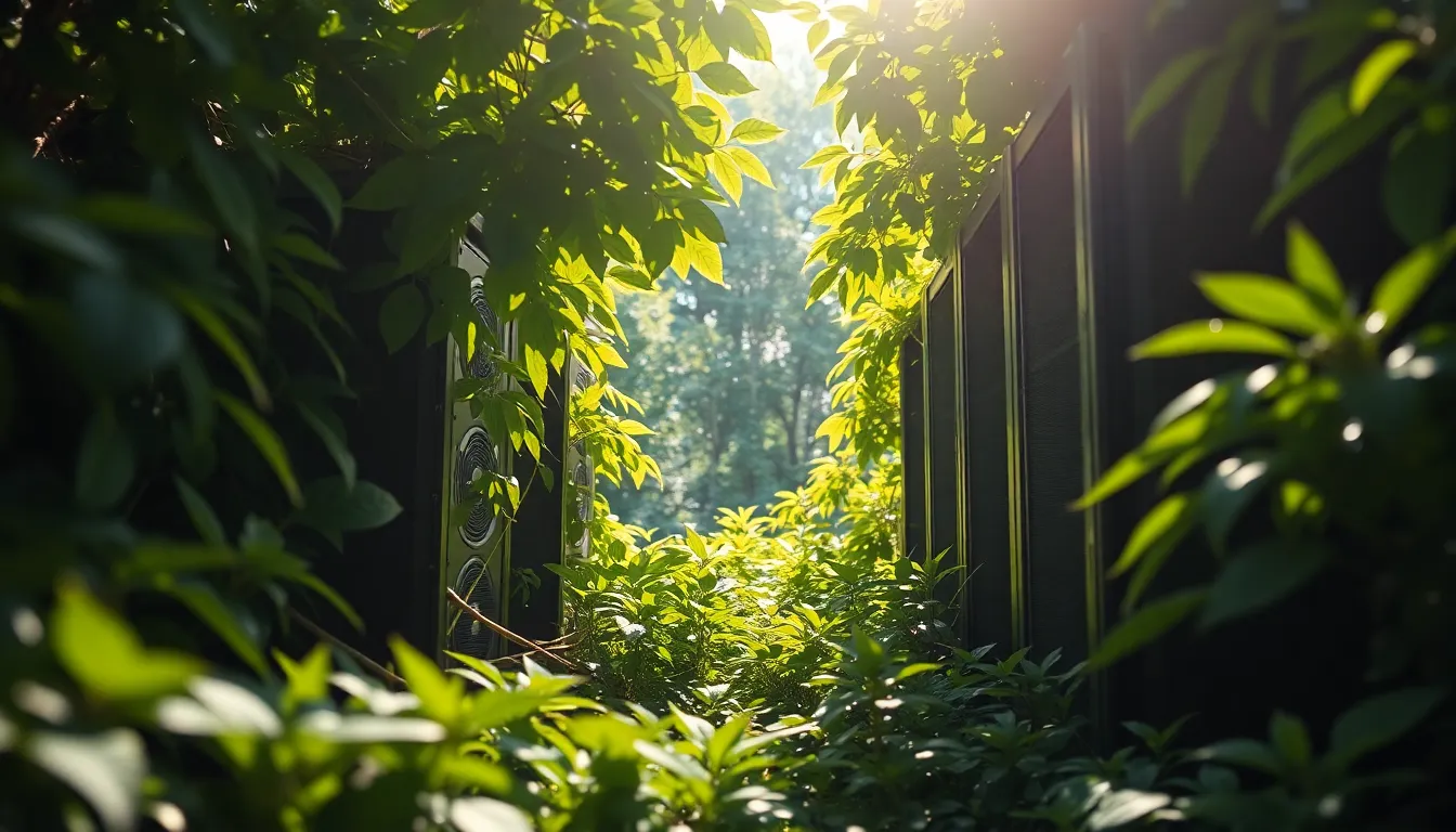 Nature and Technology Integration This striking image invites viewers into a serene landscape where advanced computer servers blend seamlessly into the natural environment, surrounded by lush greenery. The dappled sunlight filters through the leaves, creating a peaceful interplay of light and shadow across the metallic surfaces. The balanced composition emphasizes harmony between nature and technology, making it an ideal visual representation of sustainable innovation in the realm of big data.