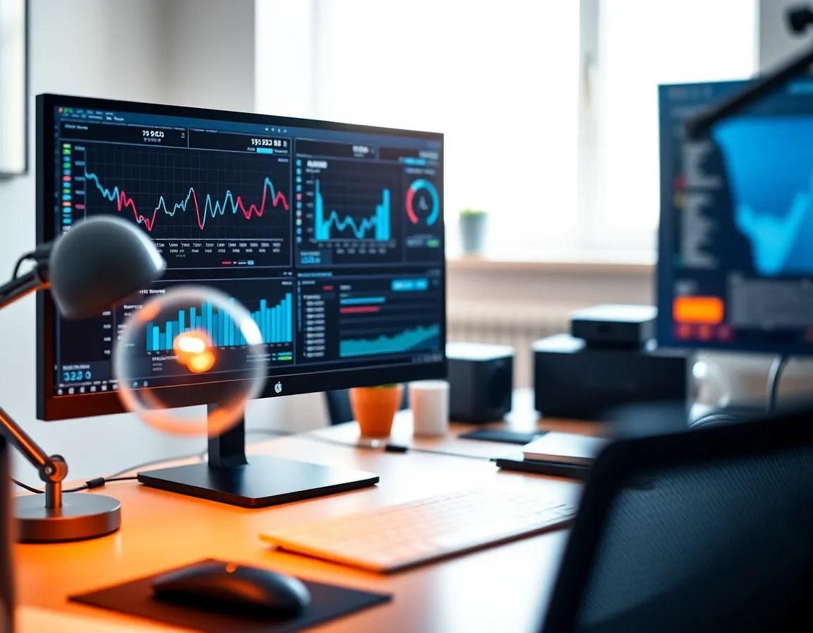 The image presents a well-organized workspace featuring dual monitors filled with dynamic data streams. The warmth of the tungsten lamp creates a cozy but productive environment, while the blue light from the screens adds a modern touch. Selective focus highlights the monitors against a softly blurred background, emphasizing the importance of accurate data in an analytics-heavy business. The composition follows the rule of thirds, promoting a clean and professional atmosphere.