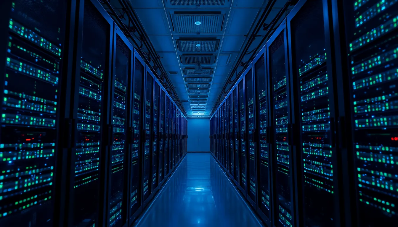 A mesmerizing view of a high-capacity server room, where rows of servers flicker with lights that resemble stars. The cool artificial lighting creates a modern, tech-focused atmosphere. With sharp focus achieved through hyperfocal distance, the image captures the intricacies of the equipment and the sense of scale in the space. The symmetrical composition enhances the organized look of technology at work, making this an impactful representation of big data infrastructure.