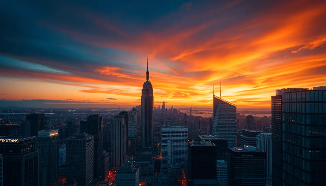 Smart City Skyline with Data Overlay This breathtaking image captures a bustling city skyline at dusk, layered with visualizations that represent big data networks and connectivity. The warm glow of the sunset enhances the architectural textures of glass and steel, creating a dramatic and visually appealing contrast. With sharp clarity throughout, this composition evokes feelings of progress and innovation, ideal for illustrating the future of urban living and technology.