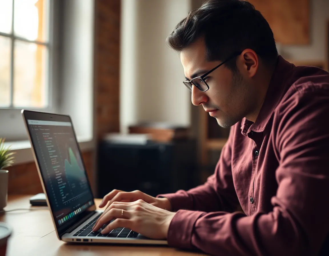 This intimate close-up features a data scientist deep in thought, engaged with an array of algorithms on their laptop. Soft natural light enhances the calm ambiance, while earthy wood tones provide warmth to the scene. The shallow depth of field isolates the subject’s focused expression, turning attention to the intricate details of the equipment. This image perfectly encapsulates the thoughtful process behind Big Data analysis.