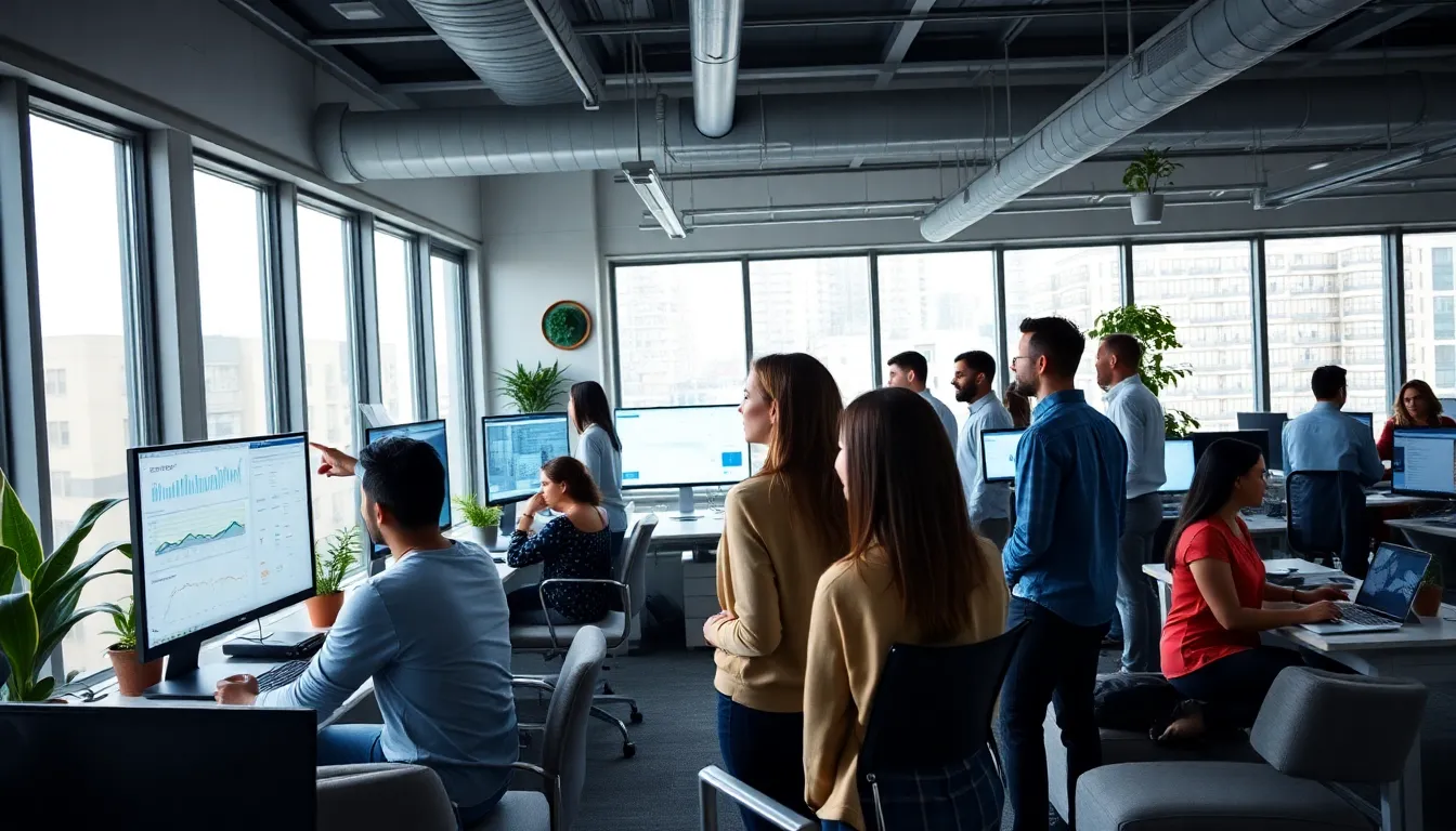 This image showcases a vibrant tech office where a diverse group of professionals collaborates on big data analysis. Natural light filters through large windows, creating a calm atmosphere. The modern workspace is adorned with high-tech equipment and greenery, emphasizing a blend of technology and nature. The focus on the team’s engagement encapsulates the dynamic spirit of the data-driven environment.