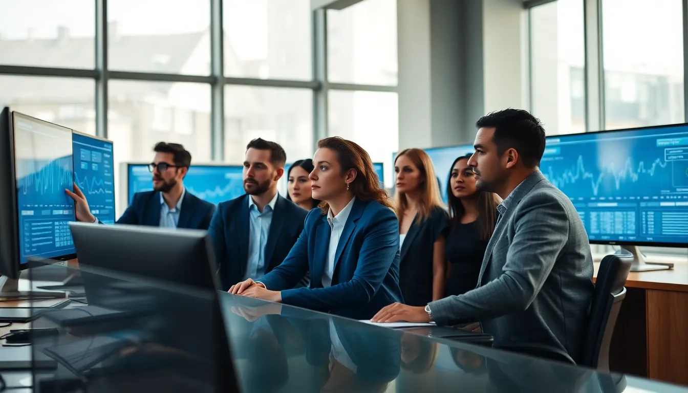 In a modern office filled with natural light, a diverse team collaborates on big data analysis presented on large digital screens. The bright colors of data visualizations enhance the atmosphere of innovation and teamwork. The focus is on a woman enthusiastically engaging with her colleagues, embodying a spirit of collaboration. The sleek glass desk in the foreground adds to the contemporary vibe, while blurred elements create a sense of depth.