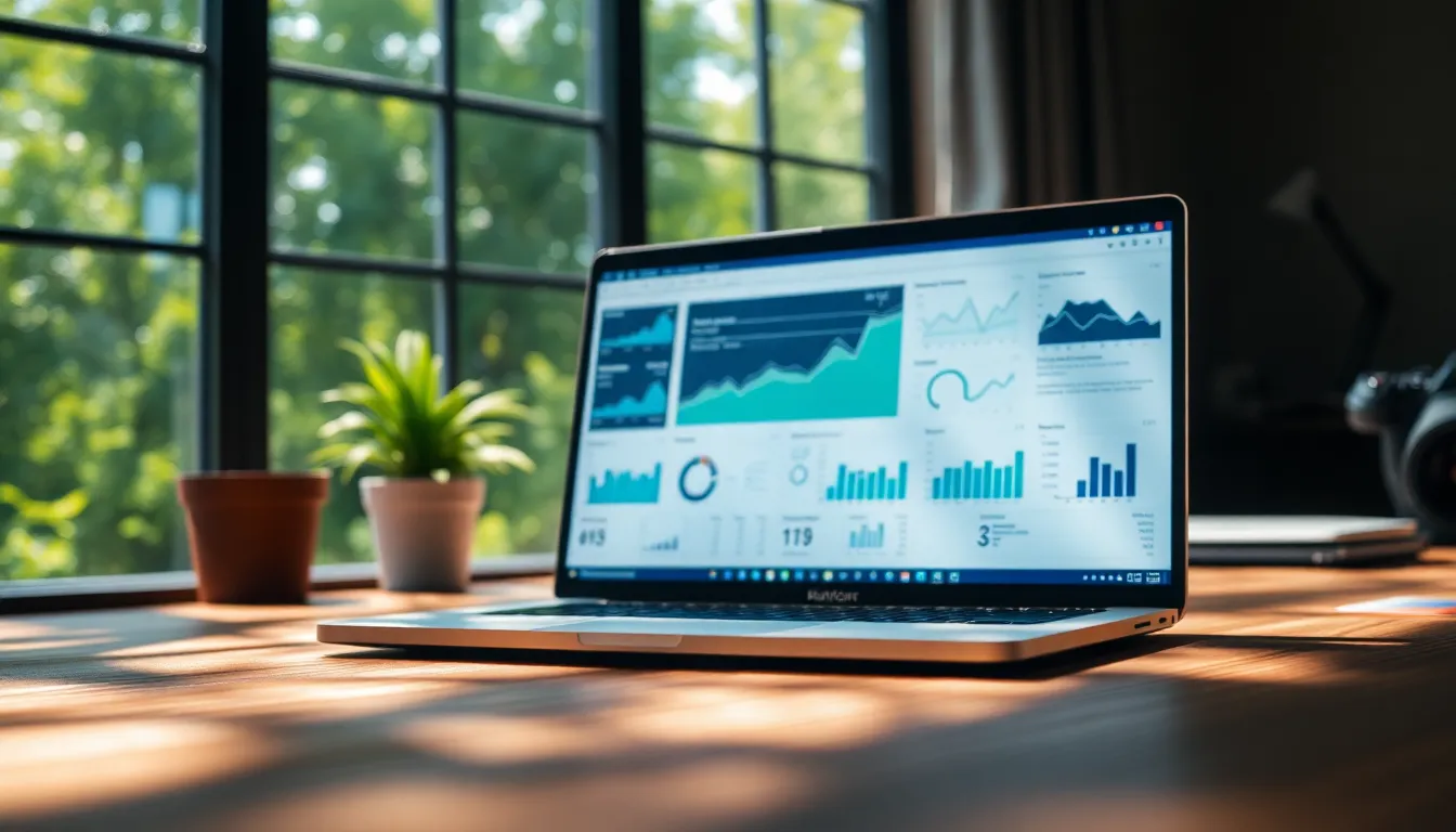 A modern office scene featuring a laptop with an interactive data visualization displayed on its screen. Soft dappled sunlight streams through a nearby window, casting gentle shadows across a textured wooden desk. The vibrant color palette brings the charts to life, while the shallow depth of field directs focus to the intricate details of the data. This image encapsulates the essence of big data analysis in a contemporary workspace.