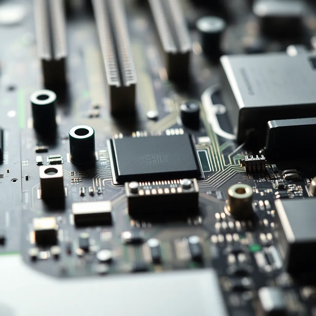 Close-Up of Computer Motherboard An intricate close-up of a computer motherboard captures the complexity of its circuitry and components under soft diffused lighting. The sharp detail of the textures showcases metallic grays and greens, creating a high-tech, sophisticated feel. The balanced composition emphasizes the motherboard's symmetrical layout, while reflections add an additional layer of depth. This image embodies the foundational hardware that powers big data technologies, illustrating the beauty of technical design in modern electronics.