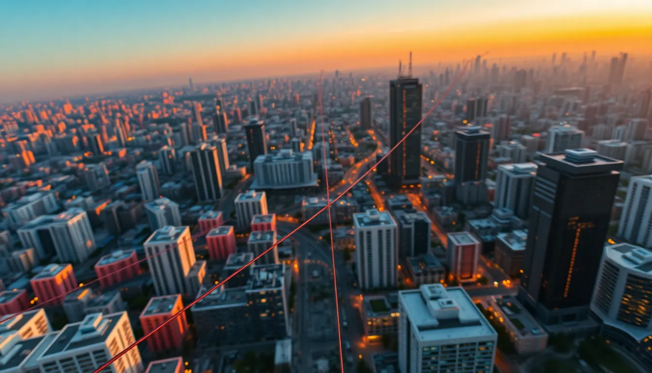 Futuristic City Skyline with Data Centers This breathtaking image showcases a futuristic city skyline at golden hour, featuring towering server farms and data centers bathed in warm sunlight. The backlighting creates a dramatic effect, highlighting the intricate architecture of the buildings. Shot with a macro lens, the image sharpens both foreground and background elements, while striking color contrasts with deep blues and amber hues evoke a sense of innovation. The leading lines of power lines draw the viewer's eye into the expansive digital future represented by the connected infrastructure.
