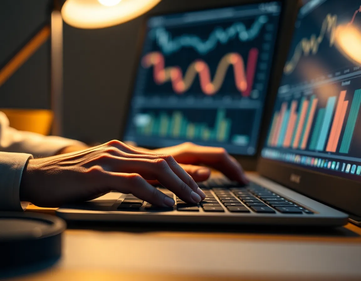 Data Analytics on Laptop in Cozy Workspace This intimate image features a laptop displaying detailed analytics, illuminated by the warm glow of a tungsten desk lamp. The shallow depth of field emphasizes the intricate details of the screen while softly blurring the comforting chaos of a cozy workspace. The warm colors and rich textures add a sense of comfort to the technological subject. This scene encapsulates the intersection of big data and personal productivity, evoking a sense of dedication and focus.
