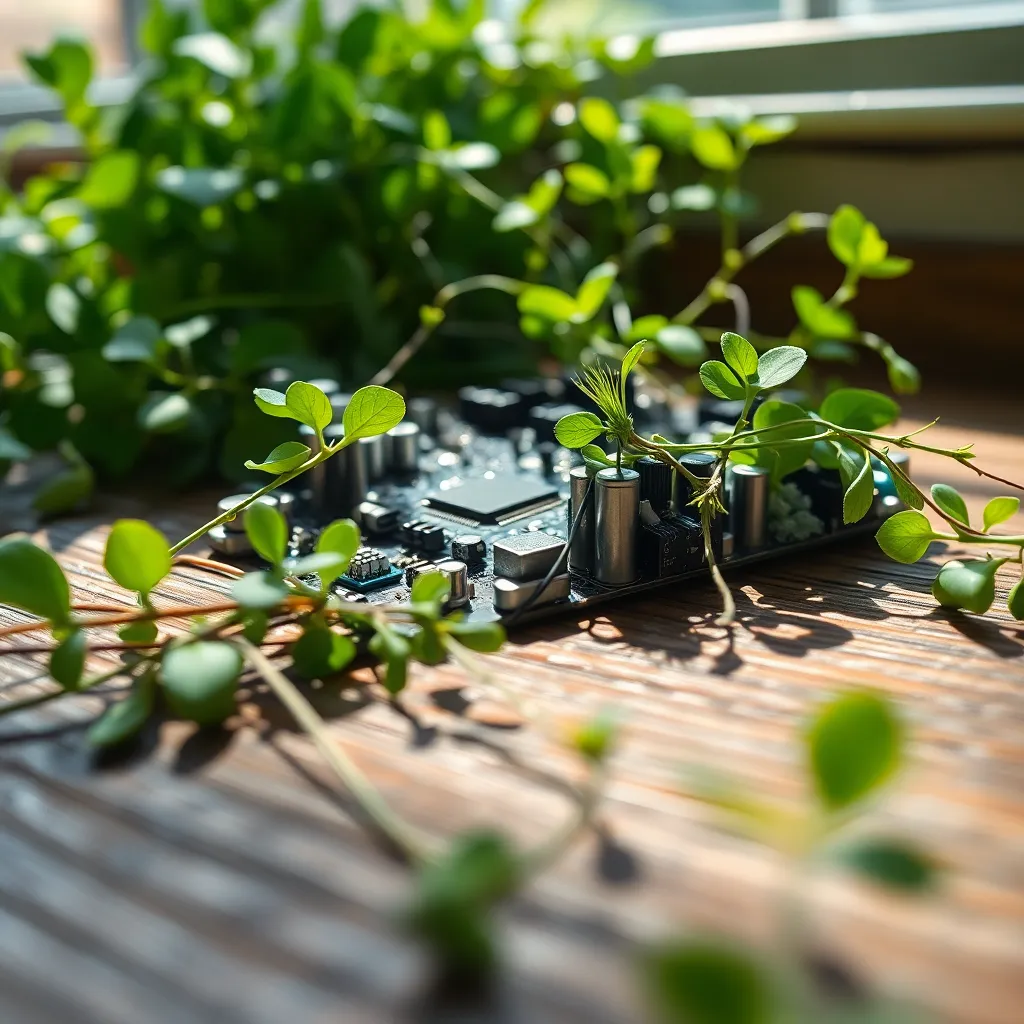 This close-up image captures the intricate details of a computer circuit board harmoniously intertwined with greenery. Natural dappled sunlight brings out rich textures, emphasizing the contrast between sleek technology and organic life. The earthy color palette creates a visual connection that reflects the increasing integration of technology into our natural environment.