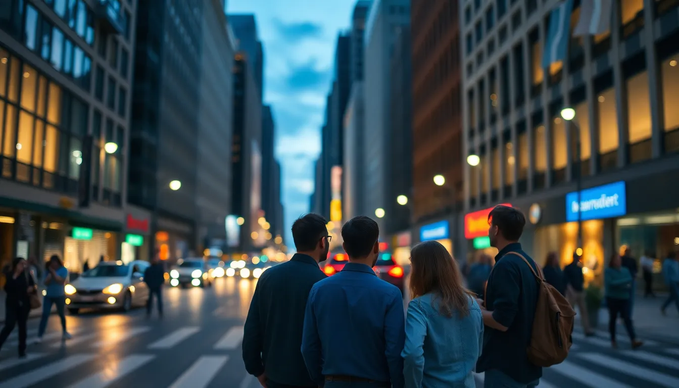 Data Scientists Collaborating in Cityscape A lively scene of data scientists deep in discussion and collaboration in a vibrant urban environment during twilight. The dappled sunlight and emerging city lights create an enchanting backdrop, emphasizing the dynamic energy of the moment. Rich, saturated colors breathe life into the image, making it appealing for tech and innovation themes. This photograph encapsulates the spirit of teamwork and creativity in the field of big data.