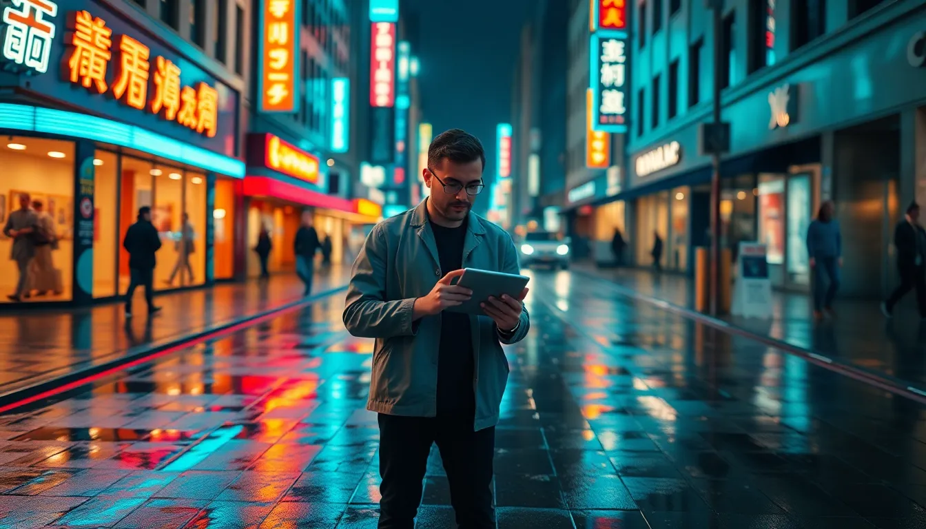 Urban Data Scientist Engaging with the Public This lively image captures an urban scene where a data scientist engaging in conversation with a passerby, showcasing the intersection of technology and everyday life. The rain-soaked pavement reflects vibrant neon signage, contributing to an energetic atmosphere. Shot with a sharp focus and a shallow depth of field, the Leica lens creates a captivating portrait that pops against the soft glow of city lights. The cinematic teal and orange color grading enhances the urban feel, making this image perfect for portraying modern data-driven lifestyles.