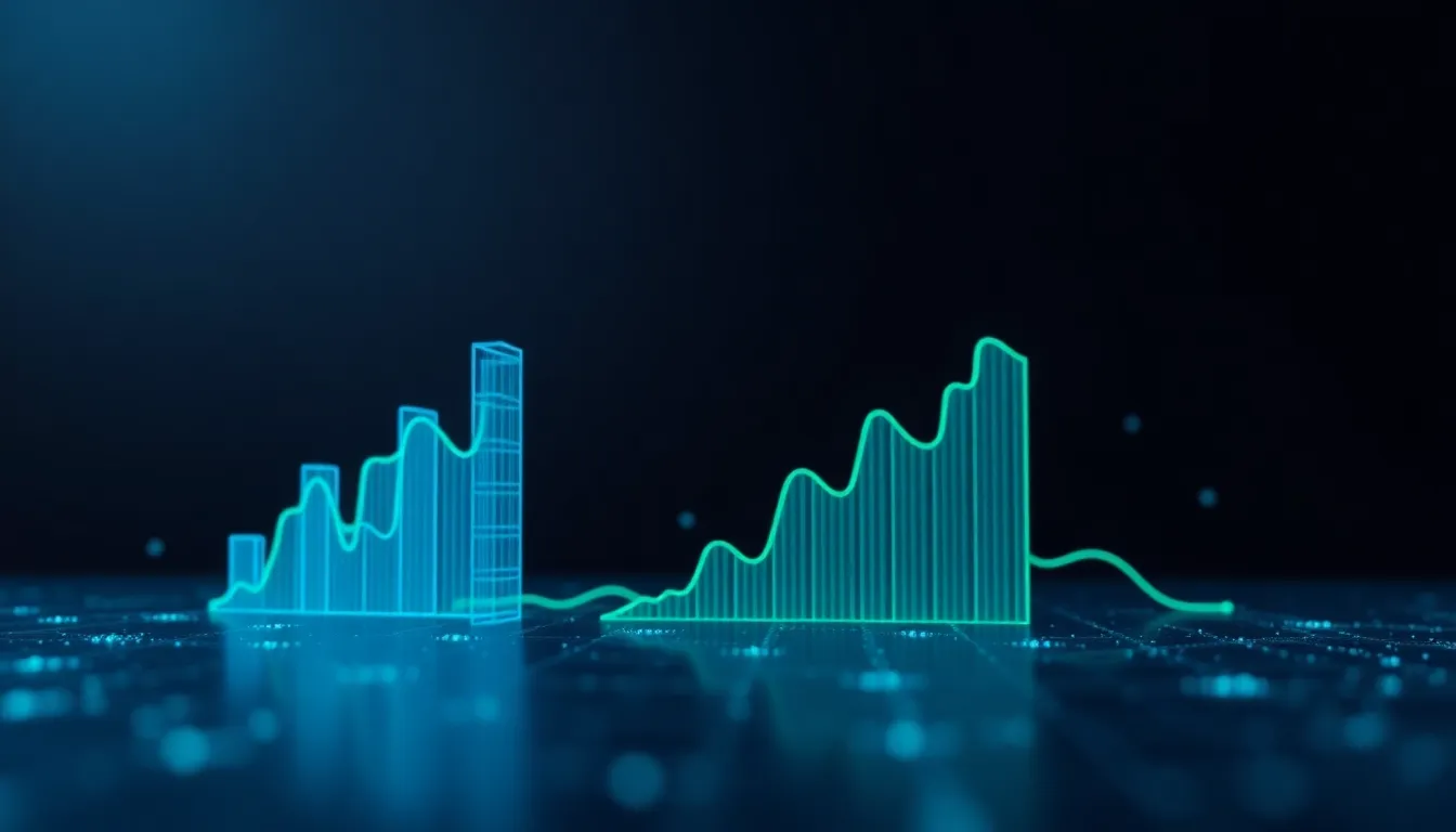 This striking image presents an abstract interpretation of big data through 3D-printed graphs and floating data points. Set against a sleek dark background, vibrant neon colors create a futuristic ambiance. The soft lighting and shallow depth of field highlight the intricate details of the graphs, inviting viewers to explore the complexities of data visualization in a visually captivating manner.
