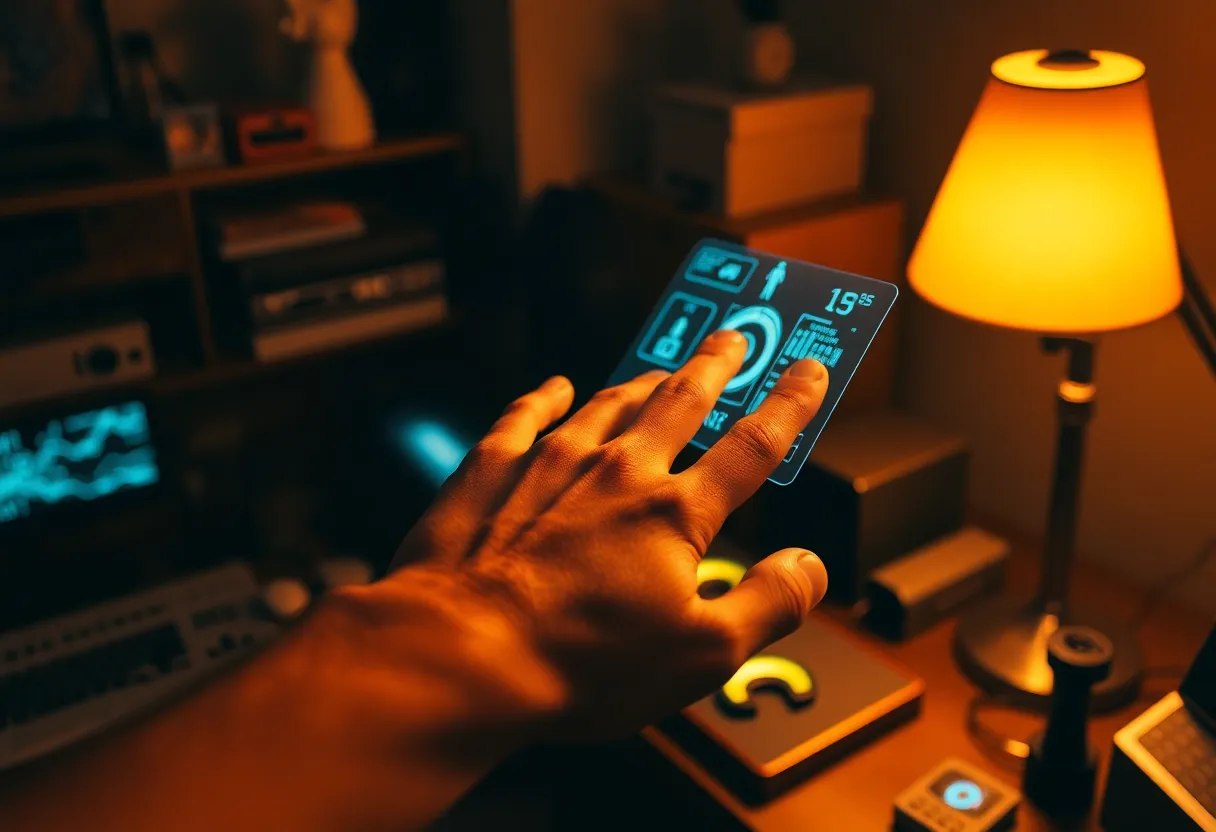 Interacting with Holographic Data Interface In this futuristic setting, a hand reaches out to manipulate a glowing holographic data interface, surrounded by an array of advanced technology. The warm light from a nearby lamp creates a cozy yet tech-savvy atmosphere, while the selective focus highlights the intricate details of the interaction. The neon blue hues of the holographic display contrast beautifully with the warm tones of the room, enhancing the sense of innovation and exploration.