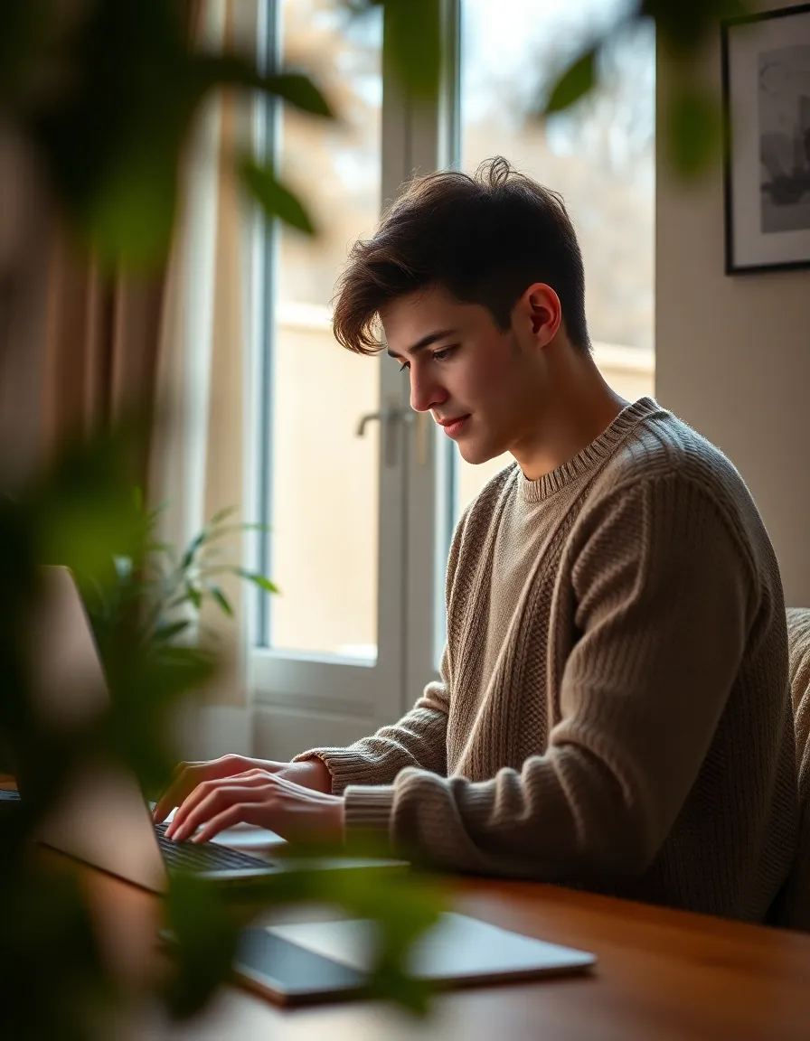 In a warm, inviting home office, a young entrepreneur deeply focuses on data analysis on her laptop, embodying the spirit of modern entrepreneurship. Soft morning light illuminates the space, creating an atmosphere of motivation and comfort. Dressed casually in a cozy sweater, she represents the balance of professionalism and personal space. Lush greenery in the background frames the scene beautifully, adding a fresh touch to the composition.