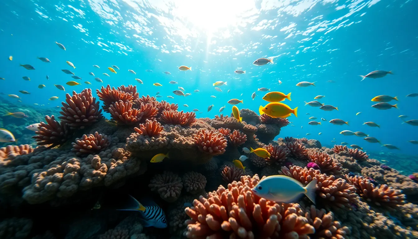 Vibrant Coral Reef Ecosystem Underwater Dive into the vibrant underwater world of a coral reef, showcasing a rich diversity of marine life. The sunlight filtering through the water illuminates the corals and highlights the colorful fish darting about. This dynamic composition emphasizes the interaction of various species, creating a lively scene full of life and color. The soft bokeh in the background further accentuates the beauty of the reef, inviting viewers to explore this underwater paradise.