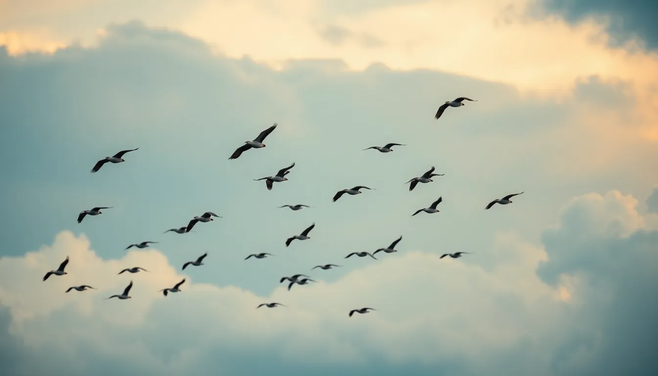 This dynamic photograph captures a flock of birds gracefully soaring across an overcast sky, demonstrating the beauty of migration. The diffused daylight enhances the subtle textures of the clouds, while the teal and orange color grading adds cinematic depth. Positioned in the upper third of the frame, the birds convey movement, creating a sense of freedom and wonder. The sharp focus allows viewers to appreciate the intricate details of the birds as they navigate their natural habitat.