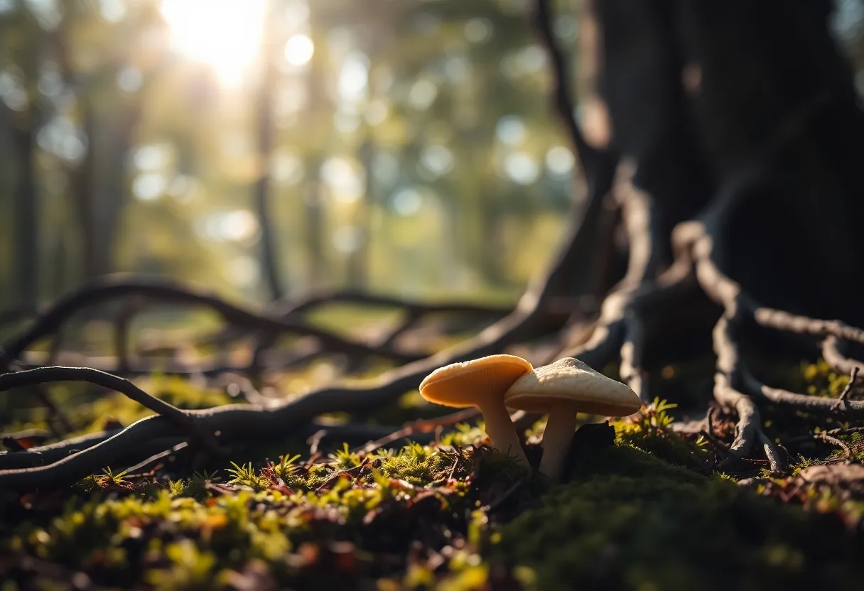 Mushroom Growing on Forest Floor A captivating close-up of a small mushroom nestled among the forest floor, surrounded by lush green moss and dappled sunlight streaming through the tree canopy. The image features soft bokeh in the background, creating a dreamy atmosphere while emphasizing the intricate details of the mushroom and its textures. The natural muted tones of the environment enhance the sense of tranquility and connection to nature.