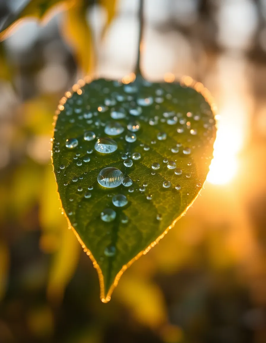 This mesmerizing macro image showcases a single leaf adorned with dewdrops, bathed in the soft glow of golden hour light. The intricate patterns of the leaf's veins are revealed in stunning detail, while the dew droplets catch the light, creating a sparkling effect. The warm colors add a touch of magic, evoking a sense of tranquility. The symmetrical composition centers the leaf beautifully, making it a perfect representation of nature’s delicate beauty.