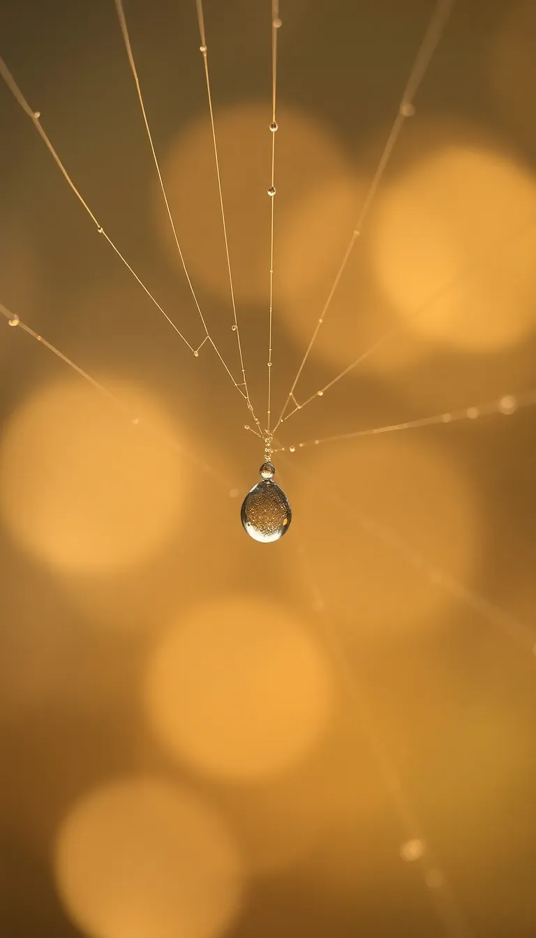 This macro photograph artfully captures a spider web shimmering with morning dew in soft, early light. The shallow depth of field isolates the web against a gently blurred, bokeh background, enhancing the serene mood. Natural muted tones evoke a calm atmosphere, inviting viewers to appreciate the intricate patterns of the web. Dew droplets hang delicately, adding a captivating sparkle that highlights the beauty of nature's details.
