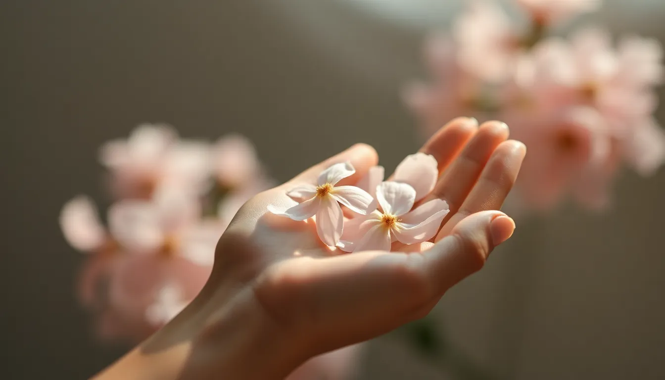 Human Hand Holding Delicate Flower Petals