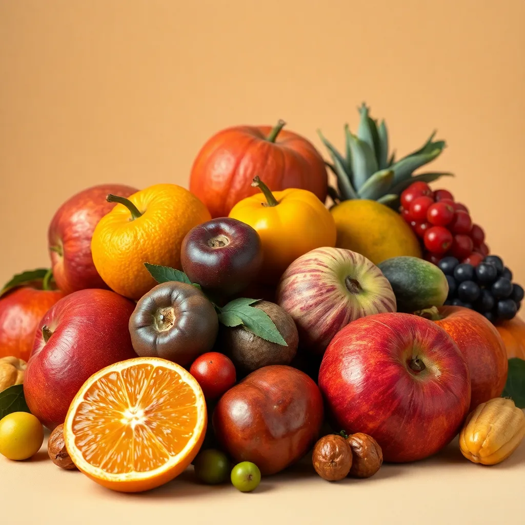 This stunning still life features a colorful assortment of fruits, meticulously arranged to showcase their vibrant colors and textures. The studio lighting creates a soft, inviting glow that enhances the natural beauty of each fruit. The use of shallow depth of field blurs the background, allowing the fruits to take center stage. The muted earthy tones in the background further emphasize the freshness and vividness of the fruits, making this image ideal for culinary-themed projects.