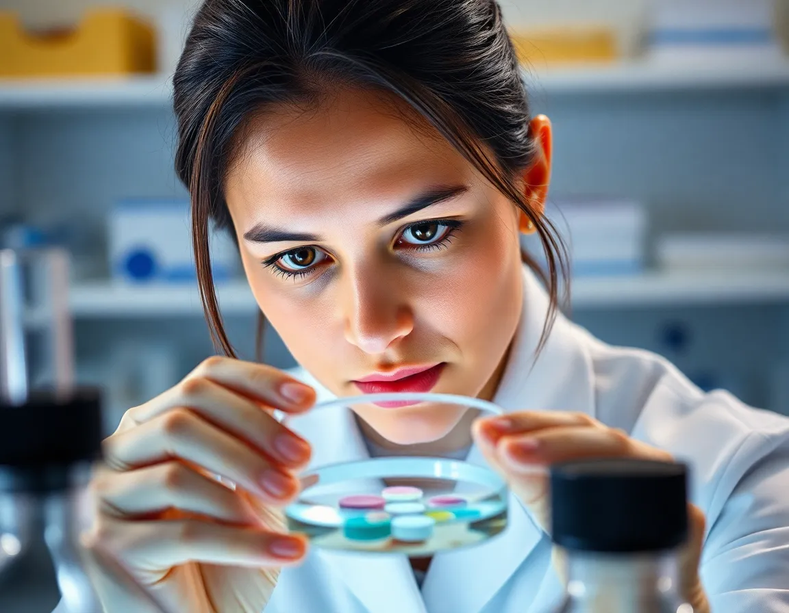 A focused biologist examines a petri dish in a well-lit laboratory, exemplifying dedication to scientific research. The warm colors, derived from Kodak Portra 400 film palette, imbue the image with a professional and inviting atmosphere. The subject's expression is one of concentration, illuminated by soft studio lighting that adds depth to the skin tones. Surrounding lab equipment is gently blurred, directing the viewer’s attention to the scientist's meticulous work.